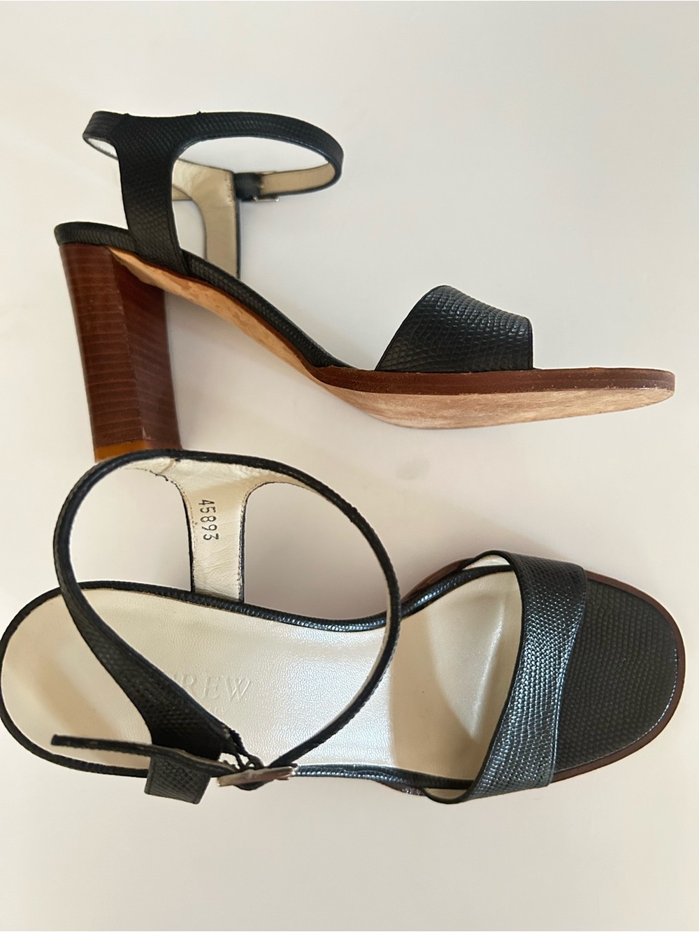 J. Crew Italy block heel sandals, lizard embossed, all leather, black, size 8